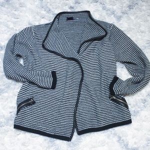 Black and white open jacket w/ leather trims